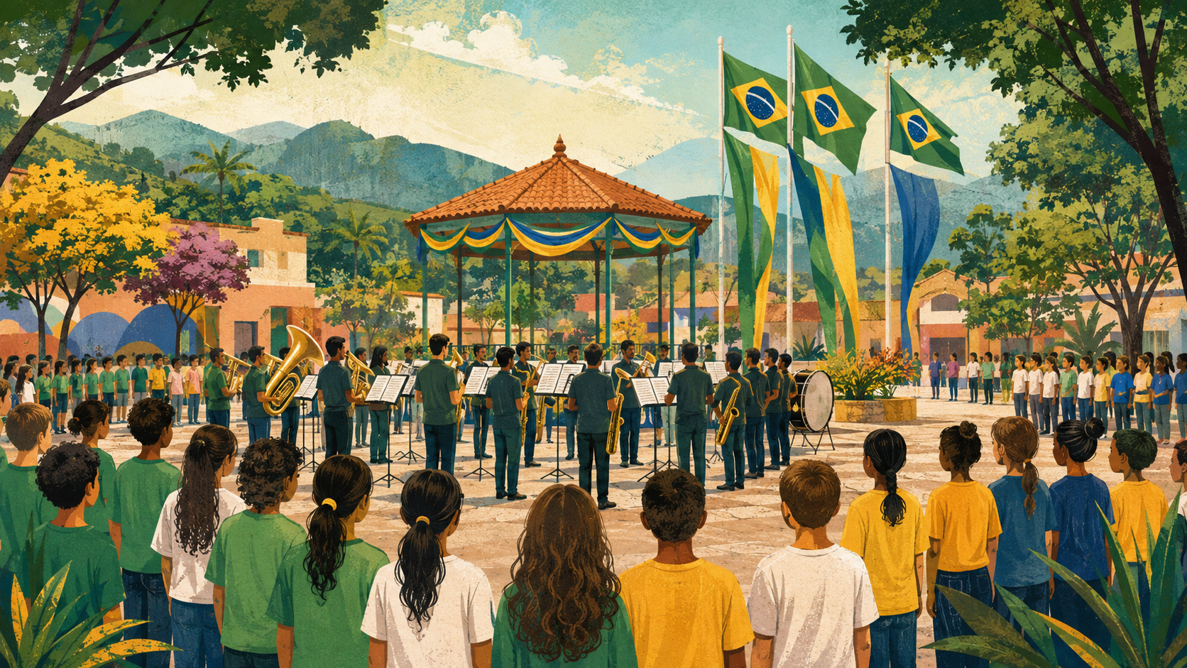 Ato cívico comunitário diante de um edifício público