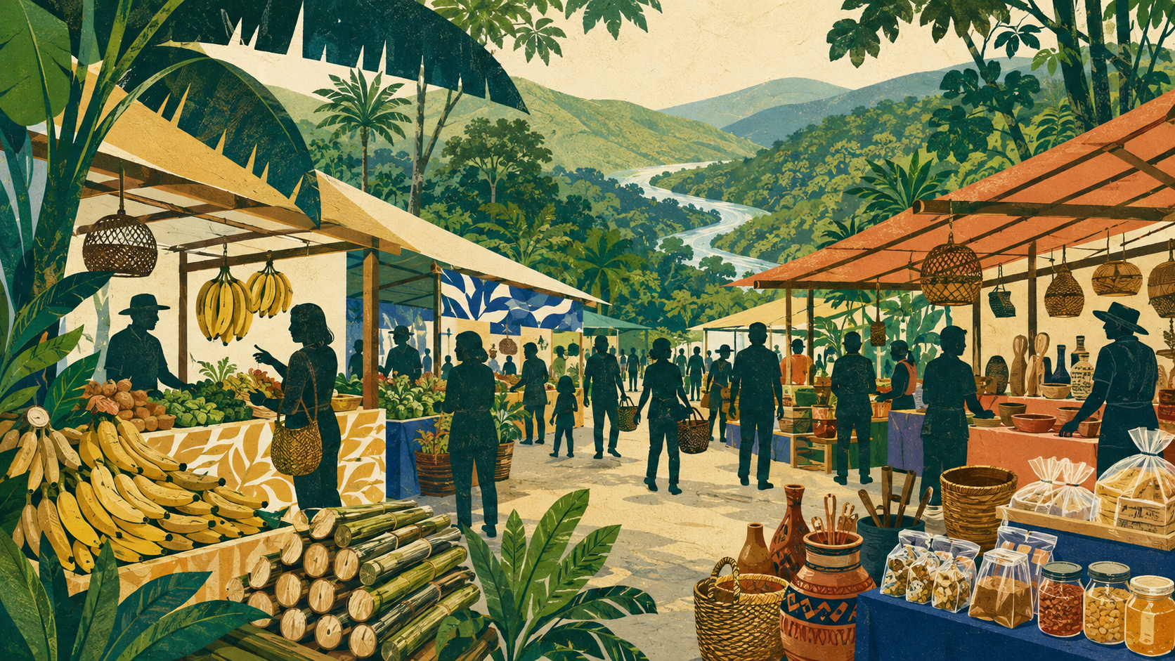 Feira regional com barracas, produtos agrícolas, artesanato, rio e Mata Atlântica