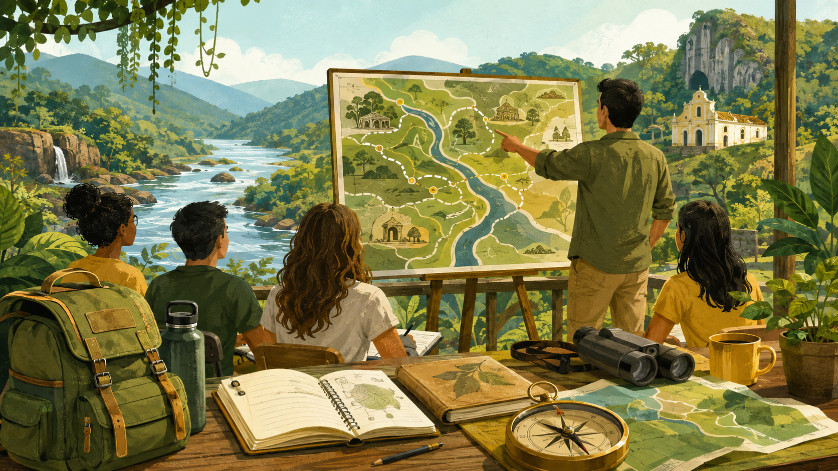 Aula sobre turismo com mapa, bússola e estudantes anônimos