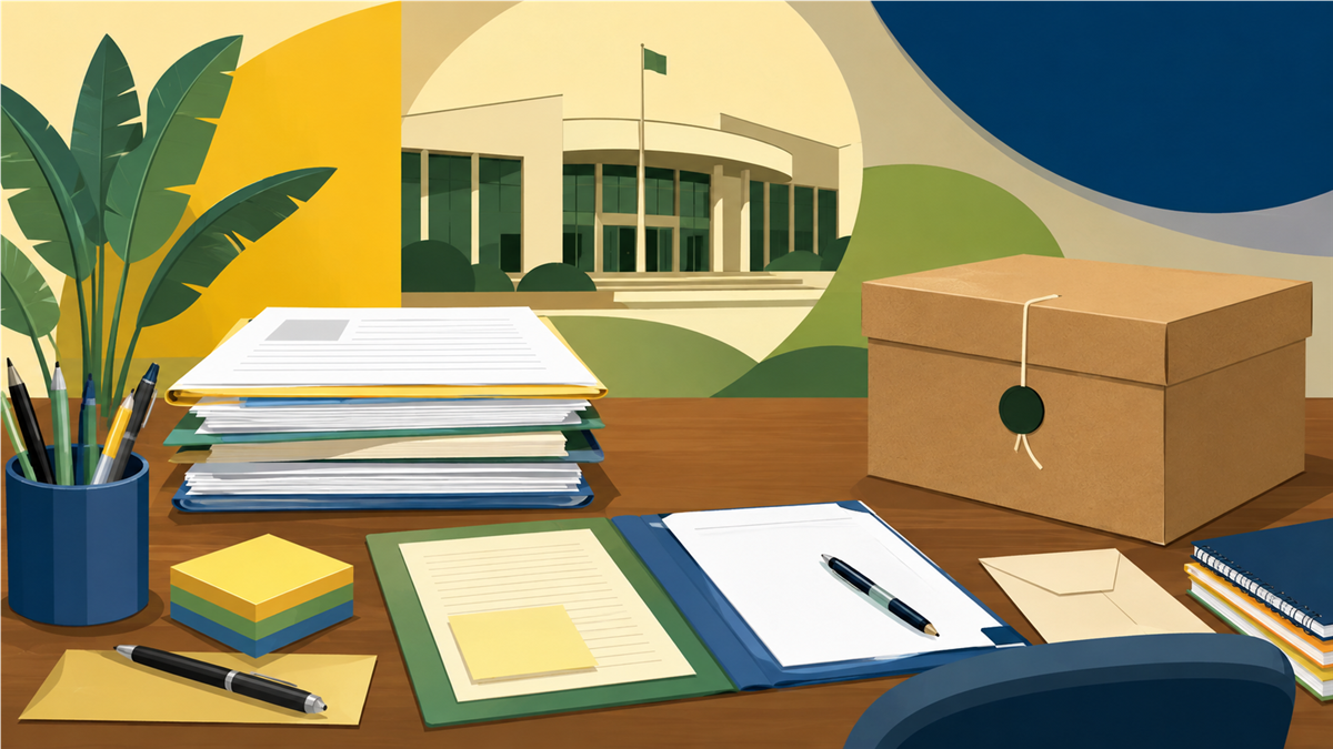 Mesa administrativa com papéis, canetas, pastas e caixa lacrada para propostas