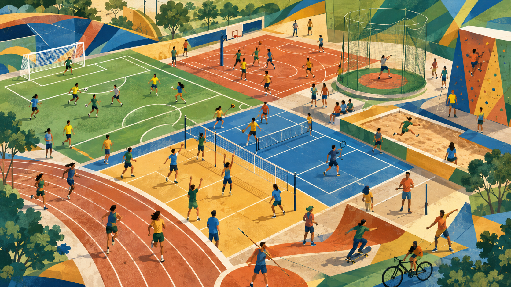 Estudantes praticando diferentes modalidades esportivas em uma quadra escolar