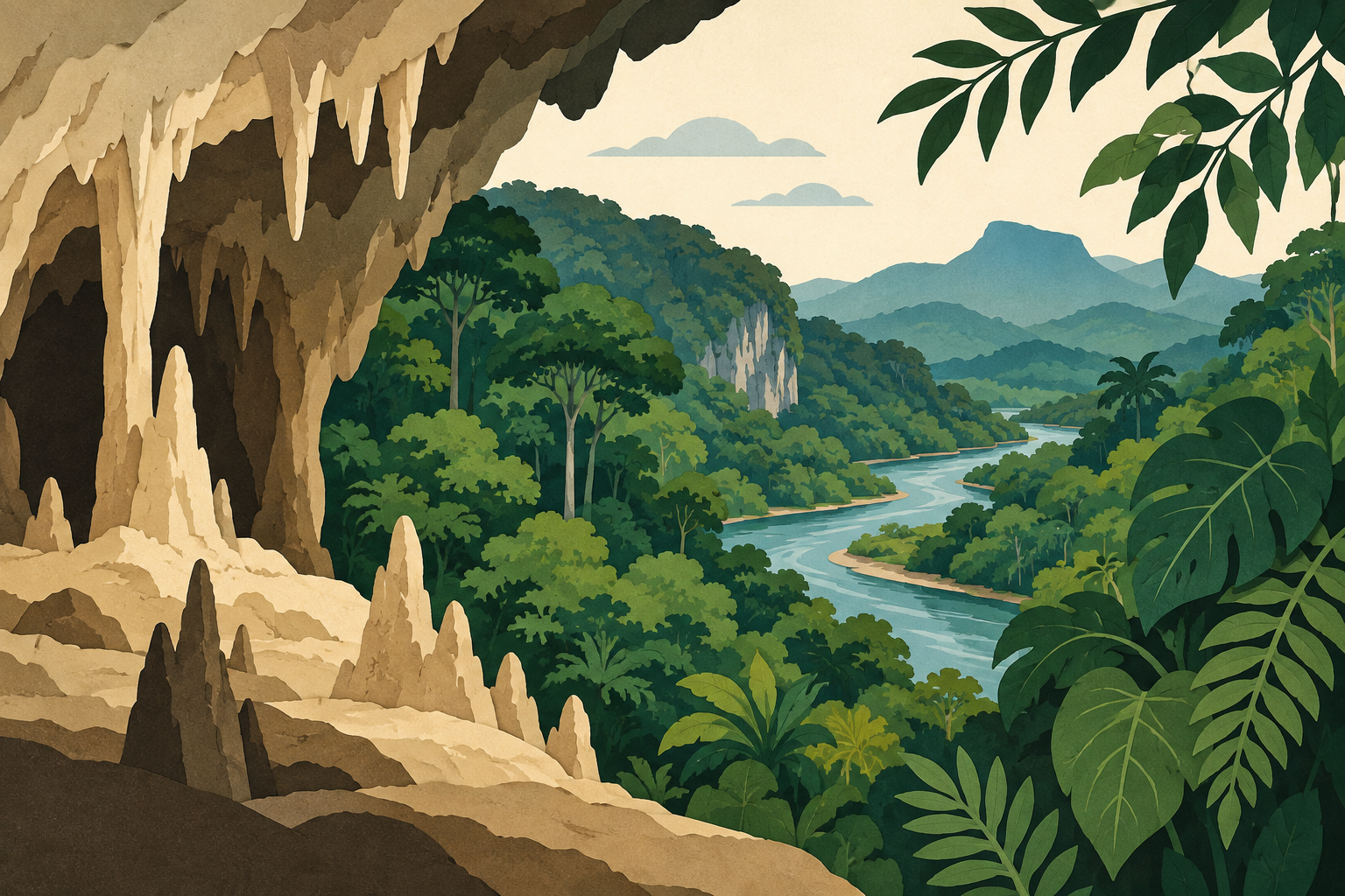 Ilustração conceitual gerada por IA sobre cavernas e Mata Atlântica; não retrata um local específico nem condições reais de visitação. Crédito: Kairos P&T / geração de imagem por IA.