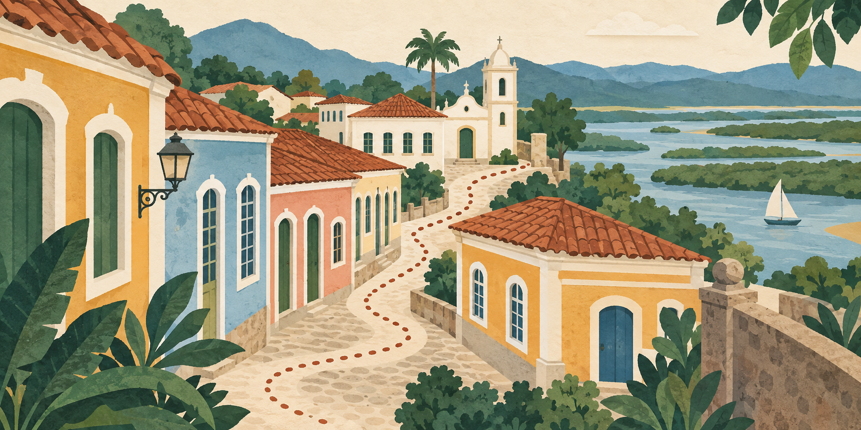 Ilustração conceitual gerada por IA sobre patrimônio urbano; não reproduz Iguape nem um trajeto real. Crédito: Kairos P&T / geração de imagem por IA.